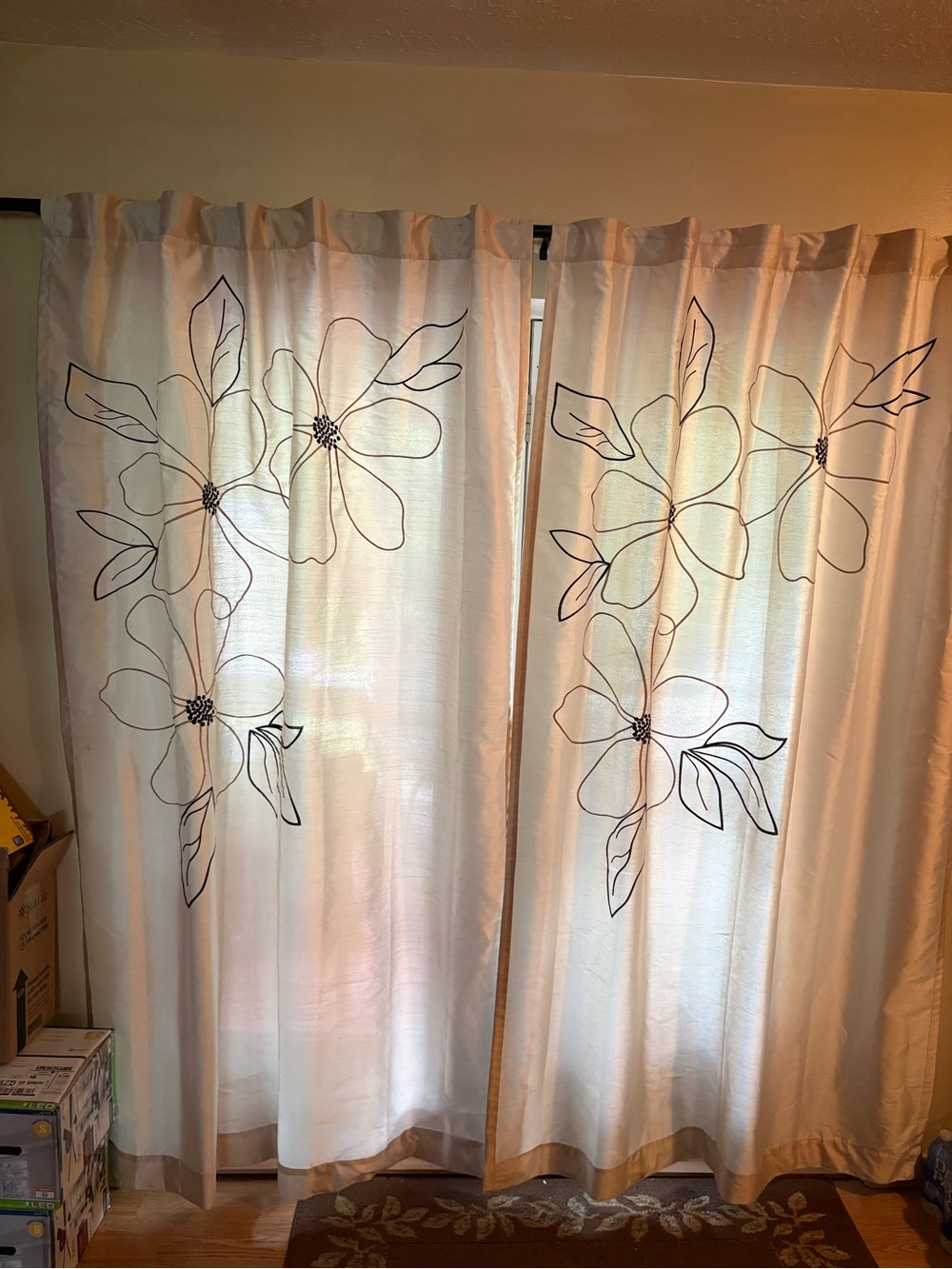 Neutral Floral Panel Curtains - Cream with Dark Brown Outline